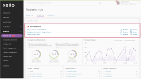Educator account in Xello. The Reports hub is open and the Saved reports section is highlighted with 3 saved reports.
